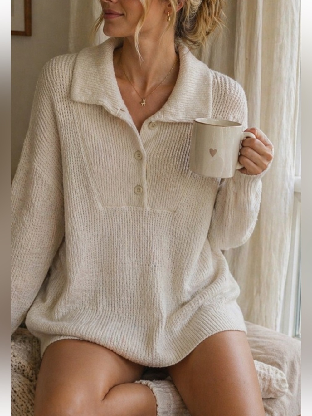 aerie Cream Button collar Knit Pullover size XS - Picture 1 of 7